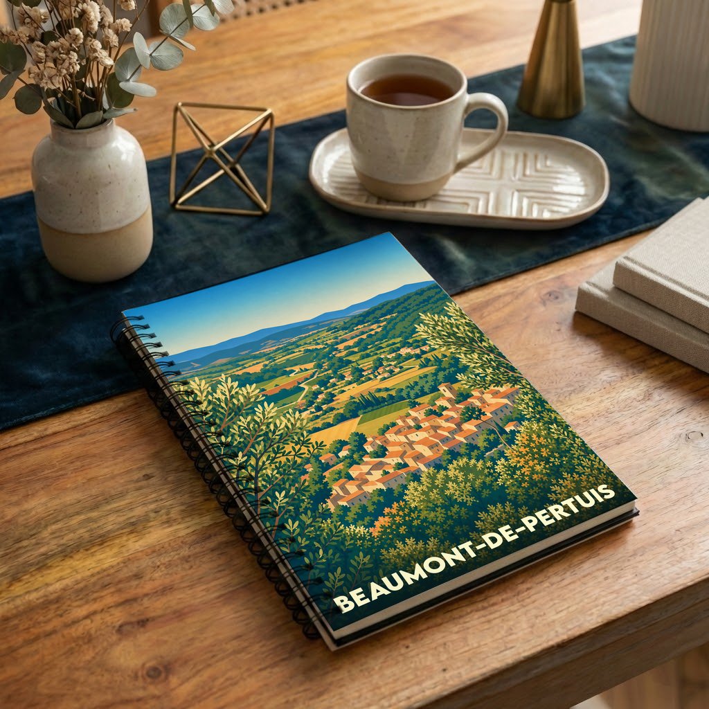 Carnet à spirales souvenir de Beaumont-de-Pertuis avec une illustration stylisée du village et de ses paysages.