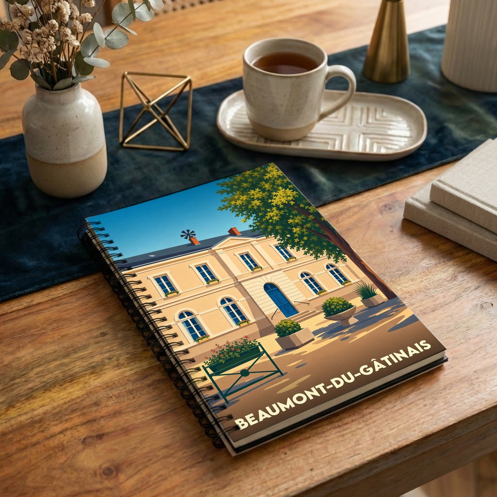 Carnet à spirales souvenir de la ville de Beaumont-du-Gâtinais illustré d'un bâtiment historique dans un style rétro.