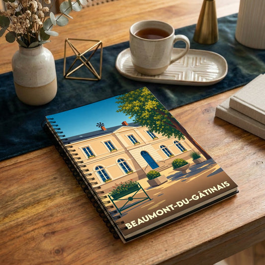Carnet à spirales souvenir de la ville de Beaumont-du-Gâtinais illustré d'un bâtiment historique dans un style rétro.