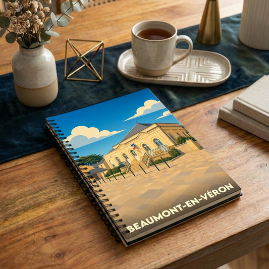 Carnet à spirales souvenir de Beaumont-en-Véron avec une illustration stylisée de la mairie.