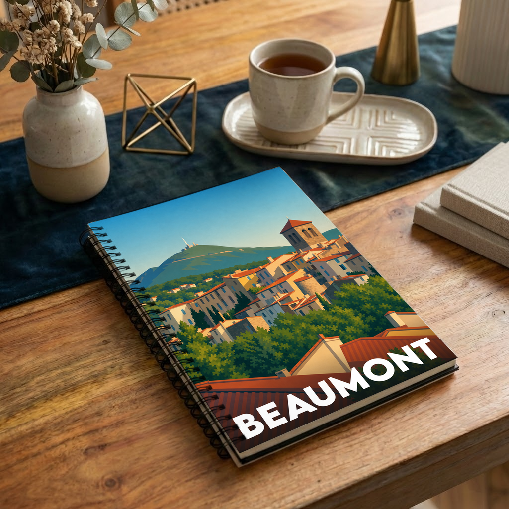 Carnet à spirales souvenir de la ville de Beaumont avec une illustration stylisée de ses paysages.