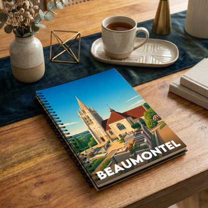 Carnet souvenir de la ville de Beaumontel avec une illustration stylisée de son église.