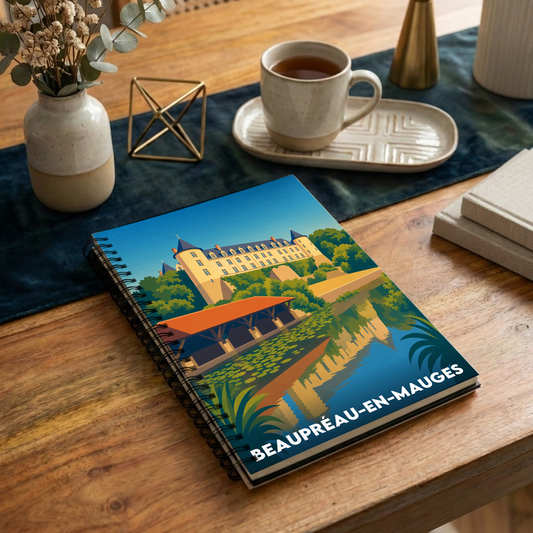 Carnet souvenir de la ville de Beaupréau-en-Mauges avec une illustration stylisée de son château.