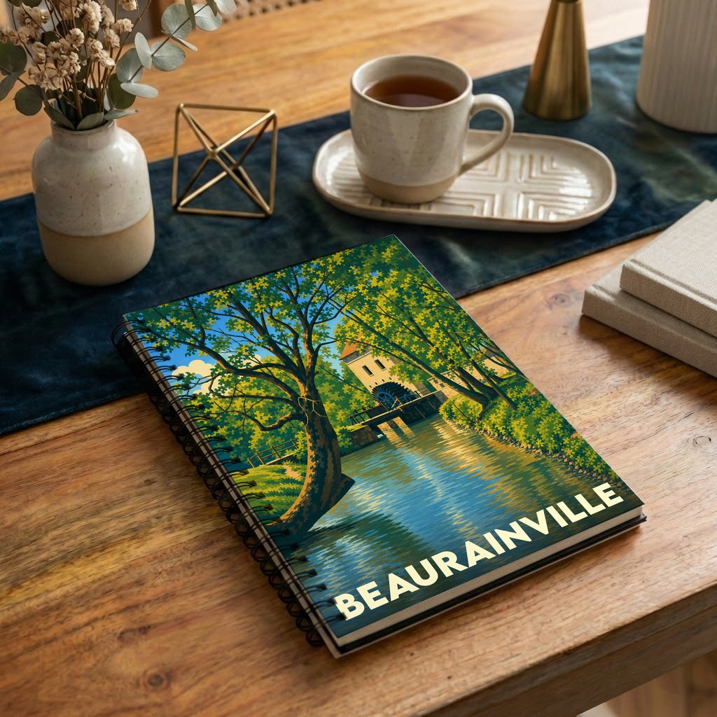 Carnet souvenir de la ville de Beaurainville avec une illustration stylisée d'un moulin au bord de l'eau.