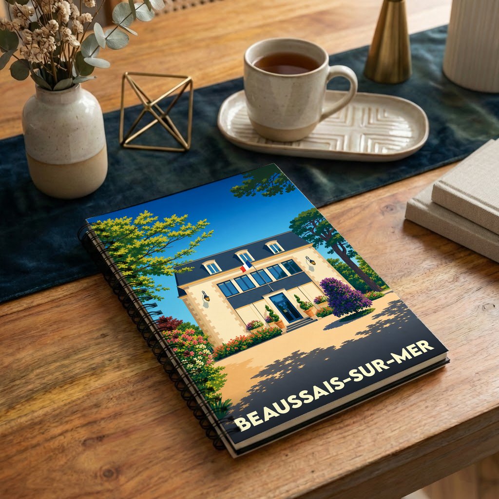 Carnet à spirales souvenir de Beaussais-sur-Mer avec une illustration stylisée d'une maison bourgeoise.