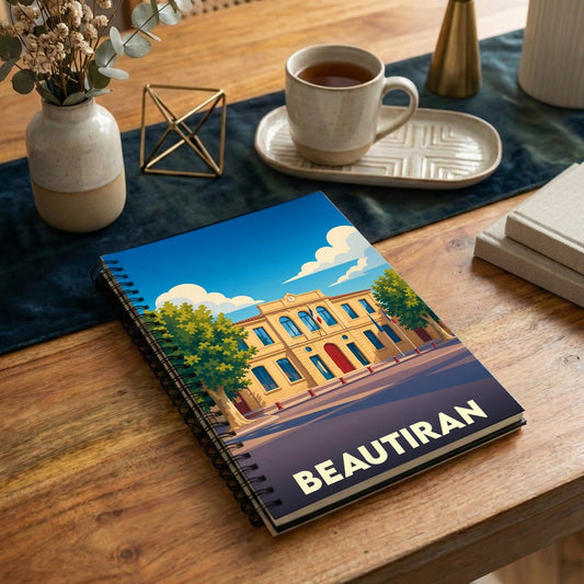 Carnet de notes souvenir de la ville de Beautiran avec une illustration stylisée de sa mairie.