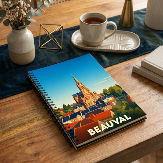 Carnet à spirales souvenir de la ville de Beauval avec une illustration stylisée de son église et de ses toits.