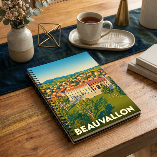 Carnet à spirales souvenir de la ville de Beauvallon avec une illustration paysagère stylisée.