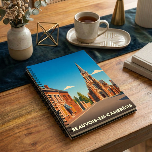 Carnet souvenir de la ville de Beauvois-en-Cambrésis avec une illustration stylisée de son église et de son architecture locale.