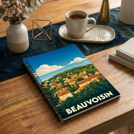 Carnet souvenir de la ville de Beauvoisin orné d'une illustration stylisée de ses paysages.