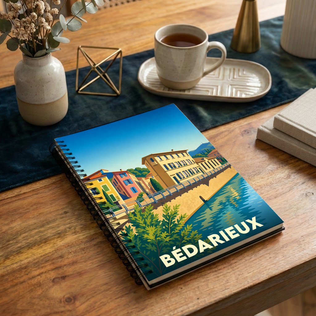 Carnet à spirale souvenir de la ville de Bédarieux avec une illustration stylisée et colorée.