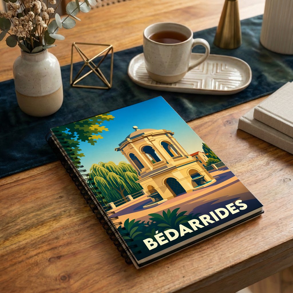 Carnet souvenir de la ville de Bédarrides avec une illustration stylisée d'un monument historique.