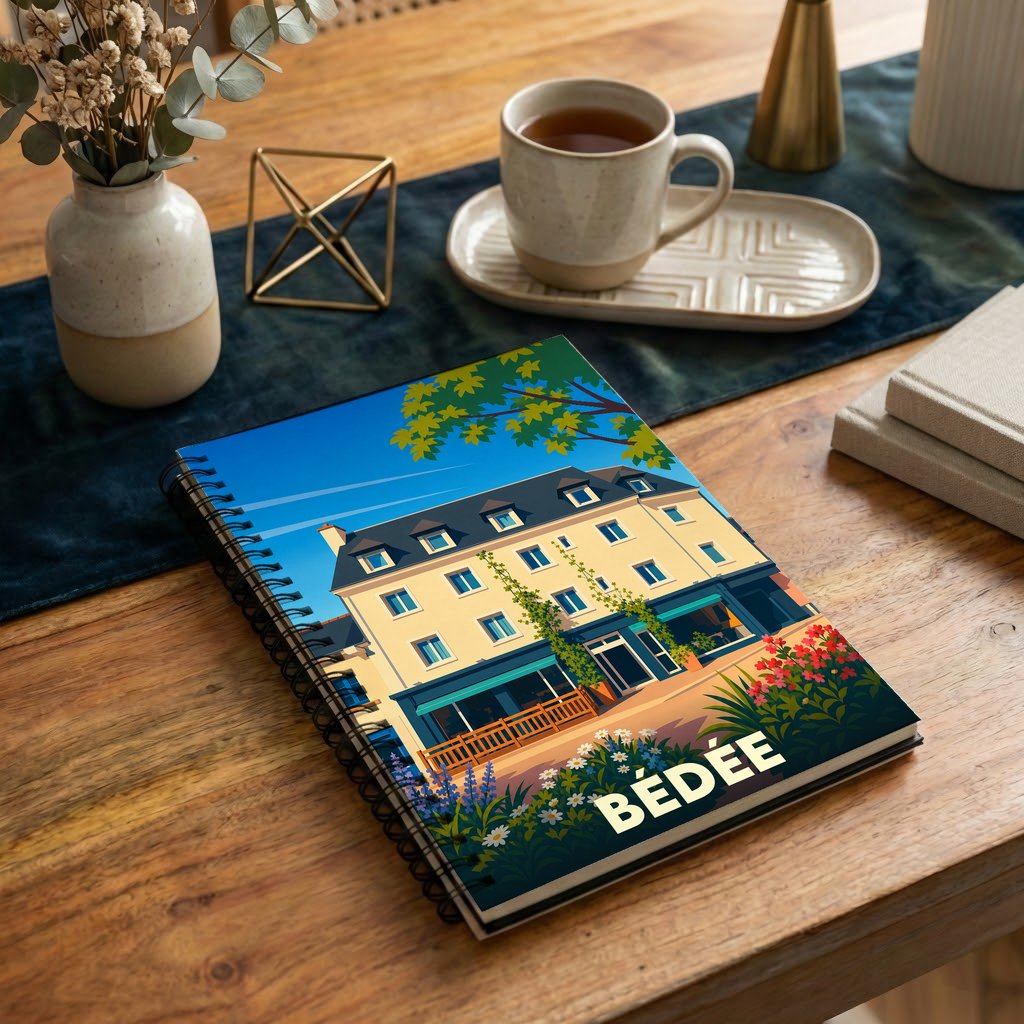 Carnet souvenir de la ville de Bédée avec une illustration stylisée d'un bâtiment typique.