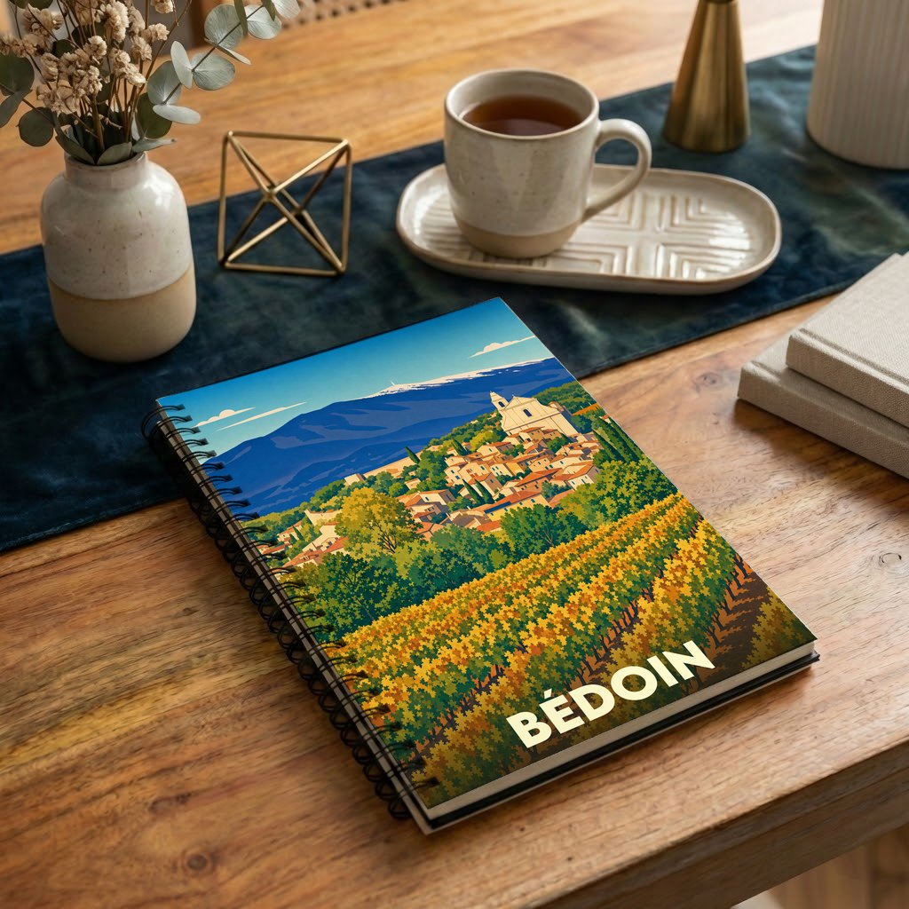 Carnet souvenir de la ville de Bédoin avec une illustration stylisée d'un vignoble et du mont Ventoux.