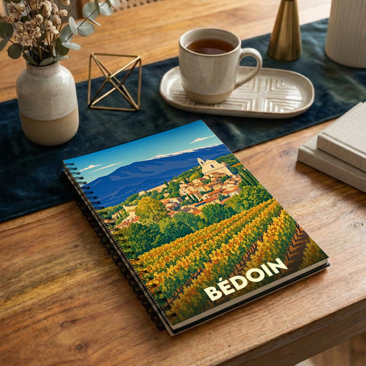 Carnet souvenir de la ville de Bédoin avec une illustration stylisée d'un vignoble et du mont Ventoux.
