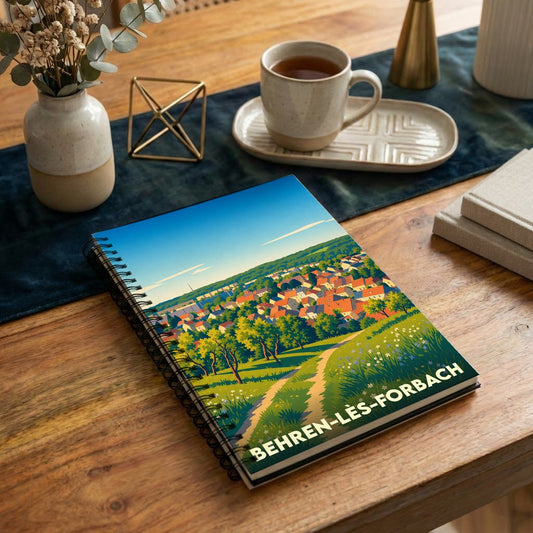Carnet à spirales souvenir de la ville de Behren-lès-Forbach avec une illustration stylisée de son paysage urbain.