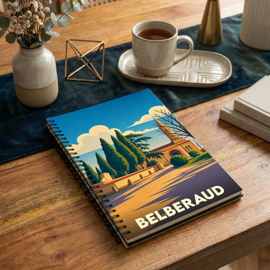 Carnet à spirales souvenir de la ville de Belberaud avec une illustration stylisée.