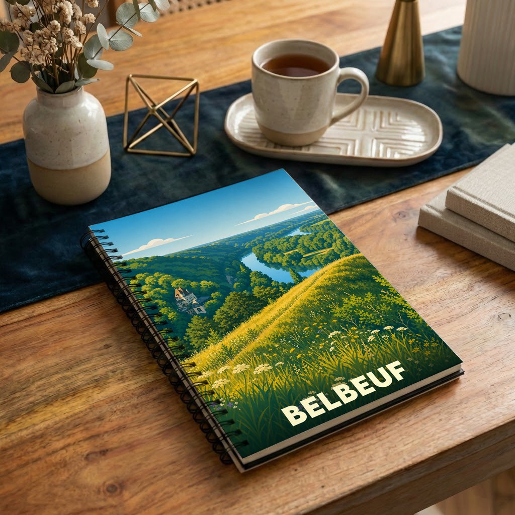 Carnet souvenir de la ville de Belbeuf avec une illustration stylisée d'un paysage naturel.