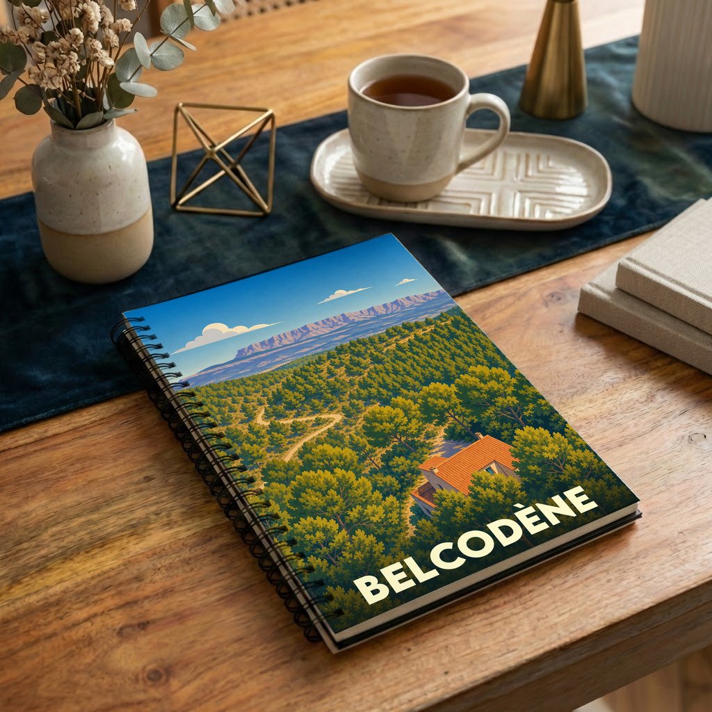 Carnet à spirales souvenir de Belcodène avec une illustration stylisée de son paysage vallonné.