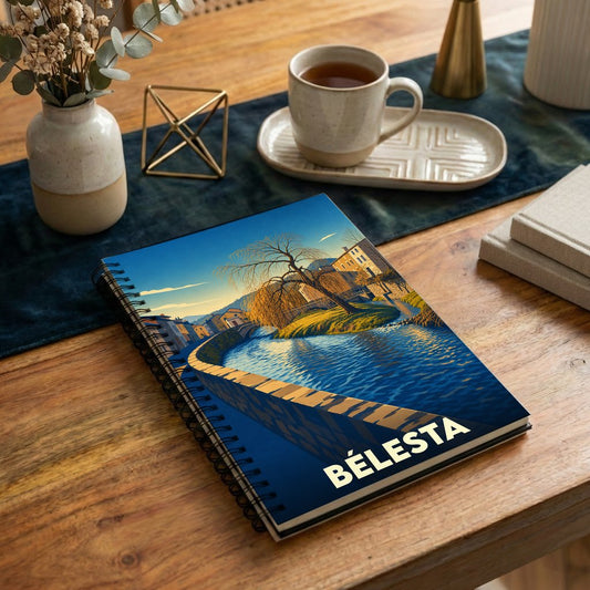 Carnet à spirales souvenir de la ville de Bélesta avec une illustration stylisée d'un paysage fluvial.