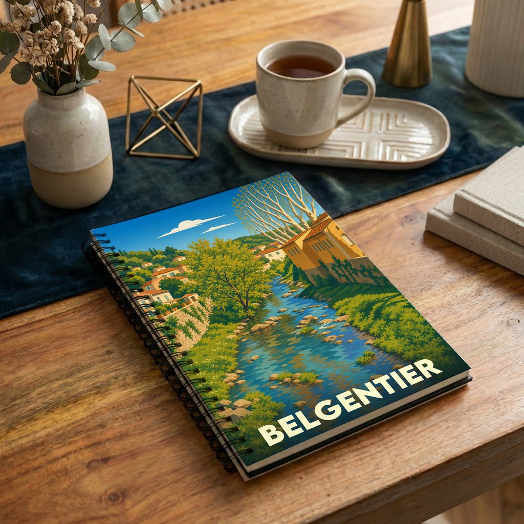Carnet de notes souvenir de la ville de Belgentier avec une illustration stylisée d'un cours d'eau et de maisons provençales.