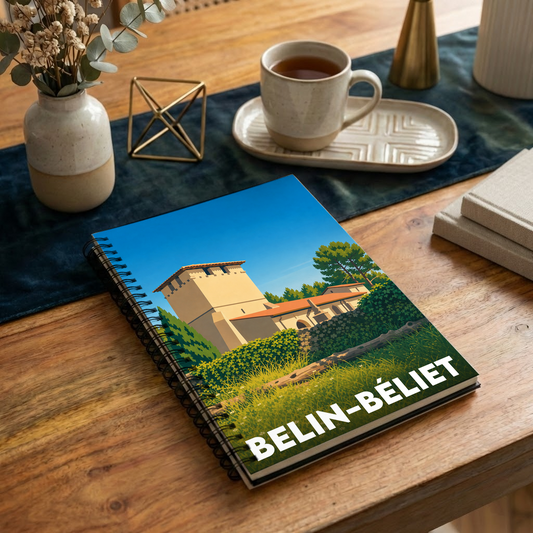 Carnet souvenir de la ville de Belin-Béliet avec une illustration stylisée.