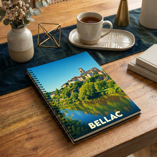 Carnet souvenir de la ville de Bellac avec une illustration stylisée d'un paysage urbain au bord de l'eau.