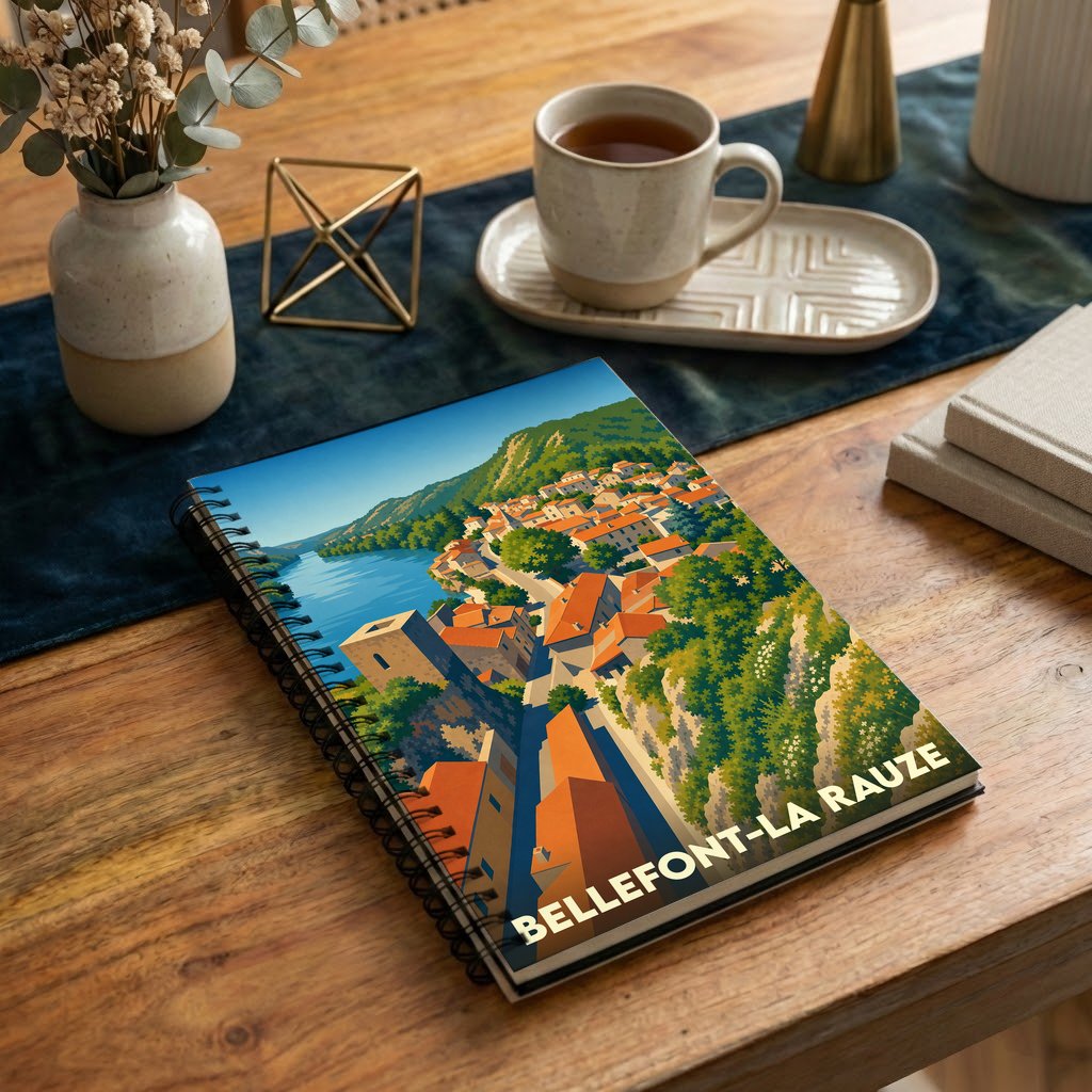 Carnet à spirales souvenir de la ville de Bellefont-La Rauze avec une illustration stylisée.