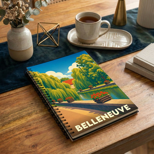 Carnet à spirales souvenir de la ville de Belleneuve avec une illustration stylisée de son paysage.