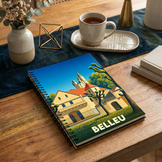 Carnet à spirales souvenir de la ville de Belleu illustré par une vue stylisée de son patrimoine architectural.
