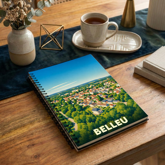 Carnet souvenir de la ville de Belleu avec une illustration stylisée d'un paysage urbain verdoyant.