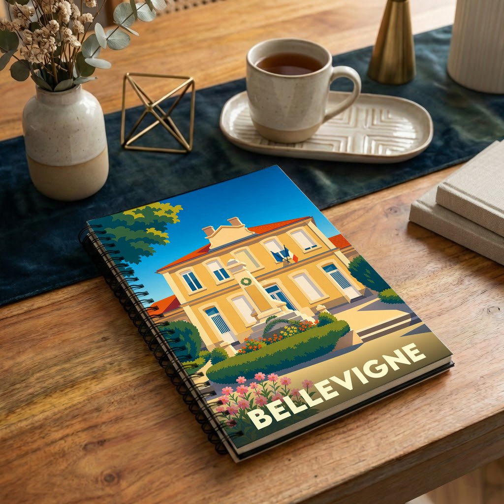 Carnet de notes souvenir de la ville de Bellevigne avec une illustration stylisée de son hôtel de ville.
