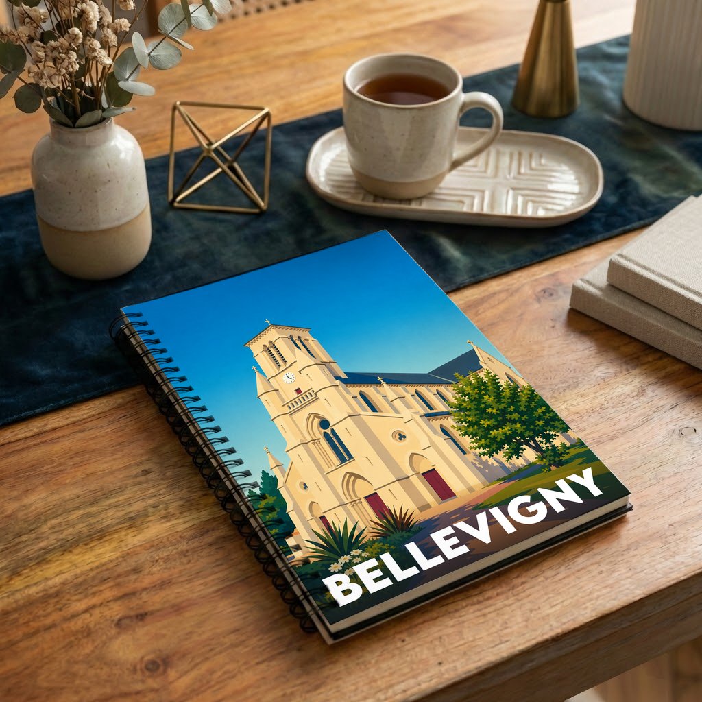 Carnet souvenir de la ville de Bellevigny orné d'une illustration stylisée de son église.
