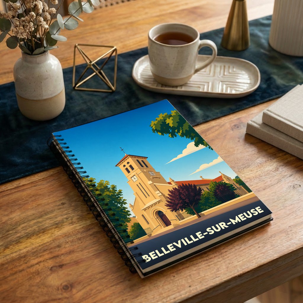 Carnet à spirales souvenir de Belleville-sur-Meuse avec une illustration stylisée de son église.