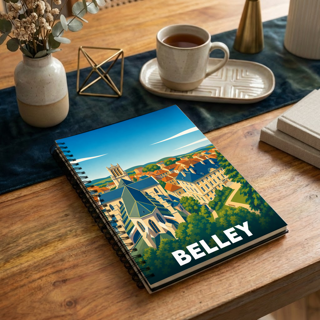 Carnet à spirales souvenir de la ville de Belley avec une illustration stylisée et colorée.