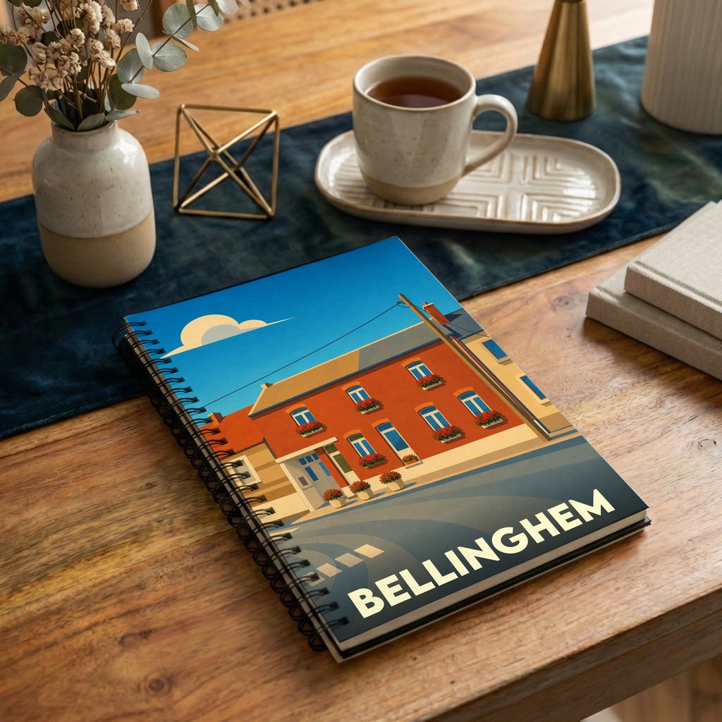 Carnet souvenir de la ville de Bellinghem orné d'une illustration stylisée de bâtiments colorés.