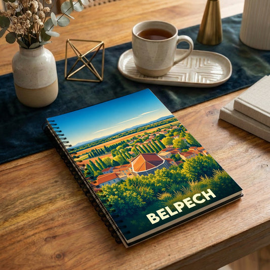 Carnet à spirales souvenir de la ville de Belpech avec une illustration paysagère stylisée.