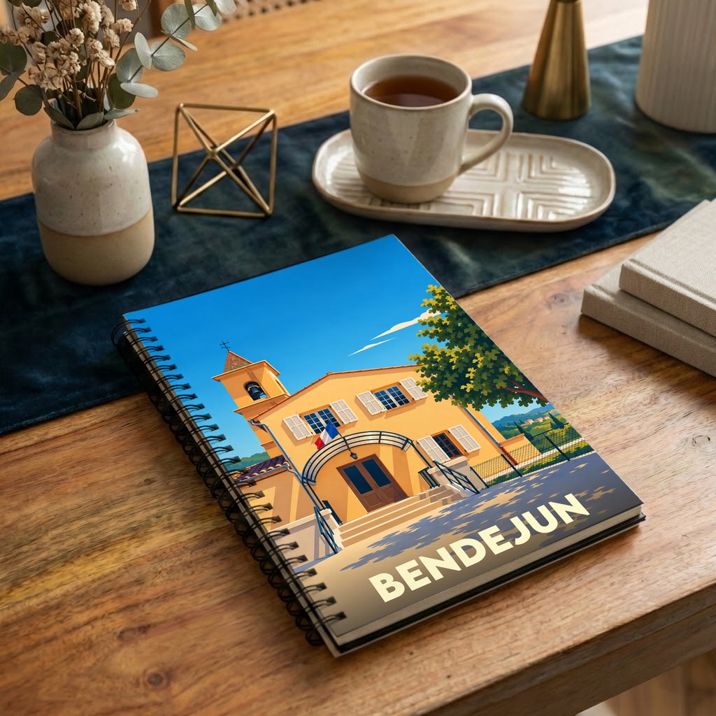 Carnet souvenir de la ville de Bendejun avec une illustration stylisée.