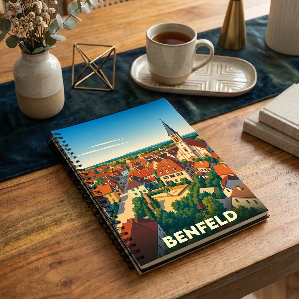 Carnet à spirales souvenir de la ville de Benfeld avec une illustration stylisée de ses toits et de son église.