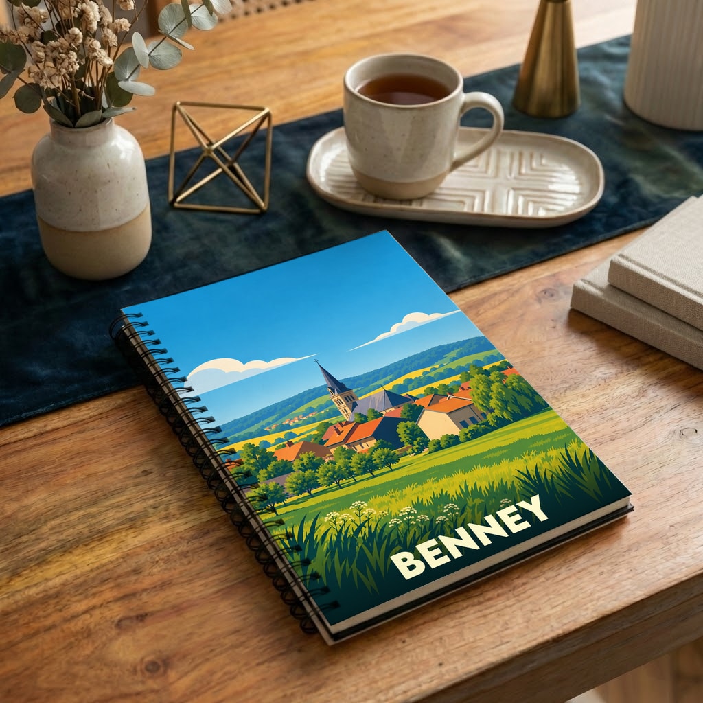 Carnet souvenir de la ville de Benney avec une illustration stylisée de son paysage rural.