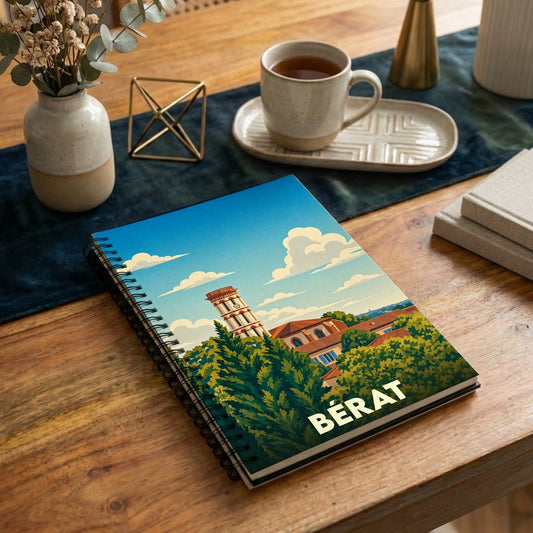 Carnet à spirale souvenir de la ville de Bérat illustré d'un paysage urbain stylisé.