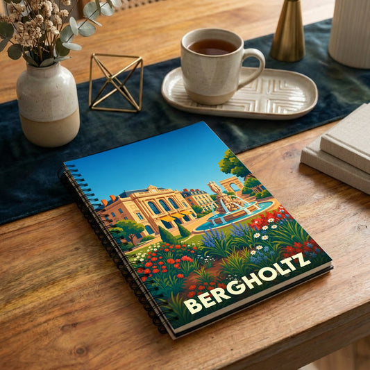 Carnet à spirales souvenir de la ville de Bergholtz avec une illustration colorée et stylisée.