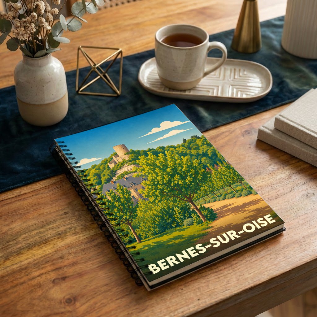Carnet à spirales souvenir de la ville de Bernes-sur-Oise avec une illustration stylisée de son paysage.