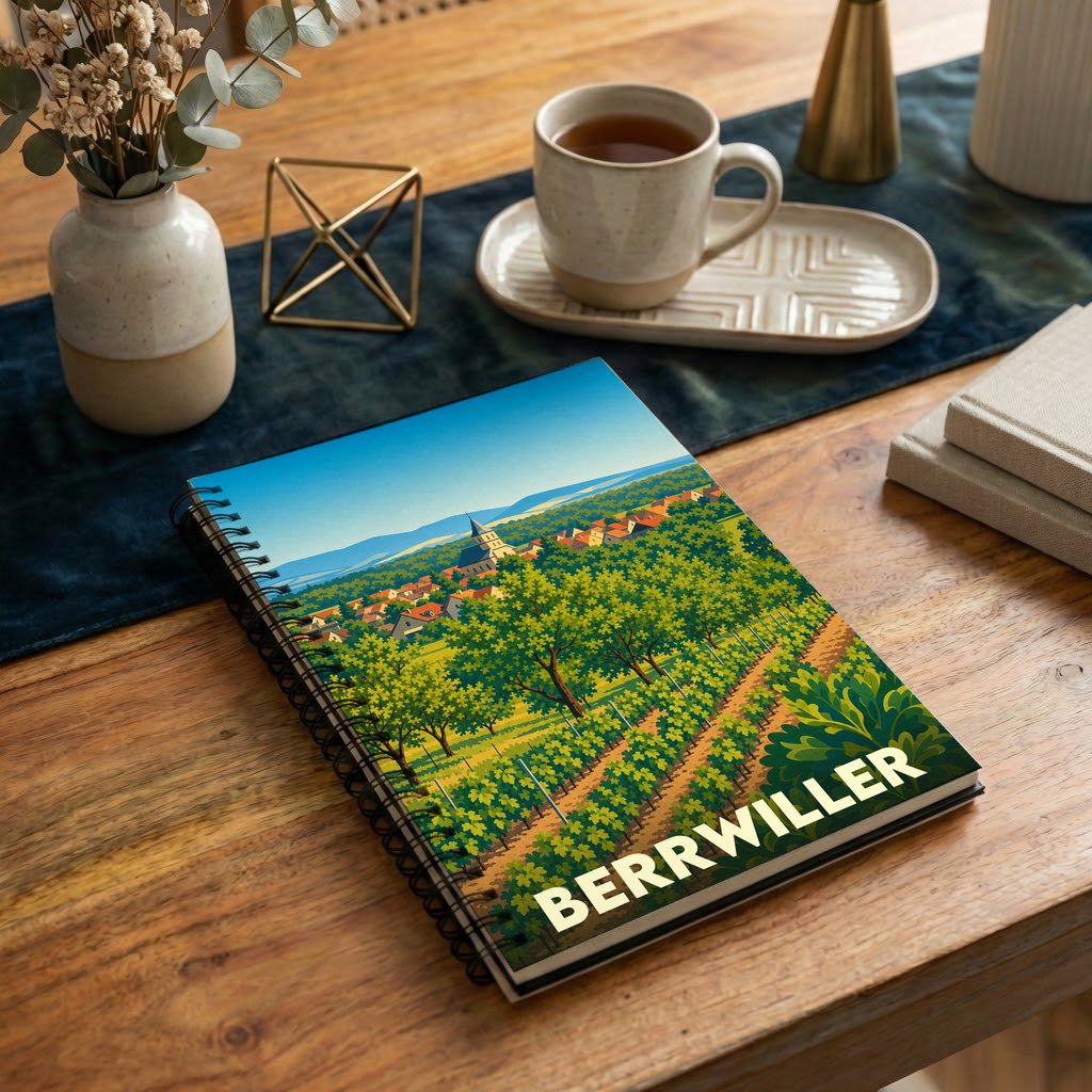 Carnet souvenir de la ville de Berrwiller orné d'une illustration stylisée de son paysage et de ses vignobles.