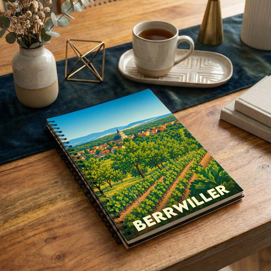 Carnet souvenir de la ville de Berrwiller orné d'une illustration stylisée de son paysage et de ses vignobles.