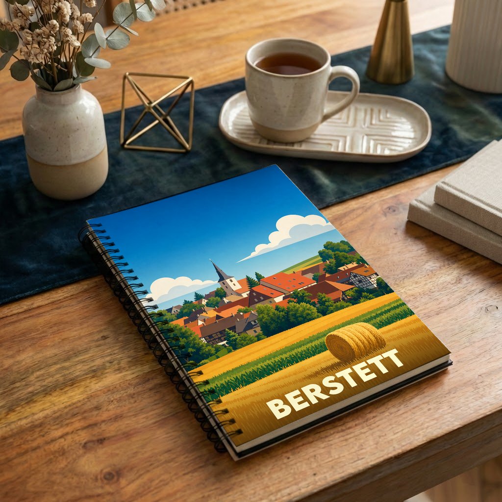 Carnet à spirales souvenir de la ville de Berstett avec une illustration stylisée d'un paysage champêtre.