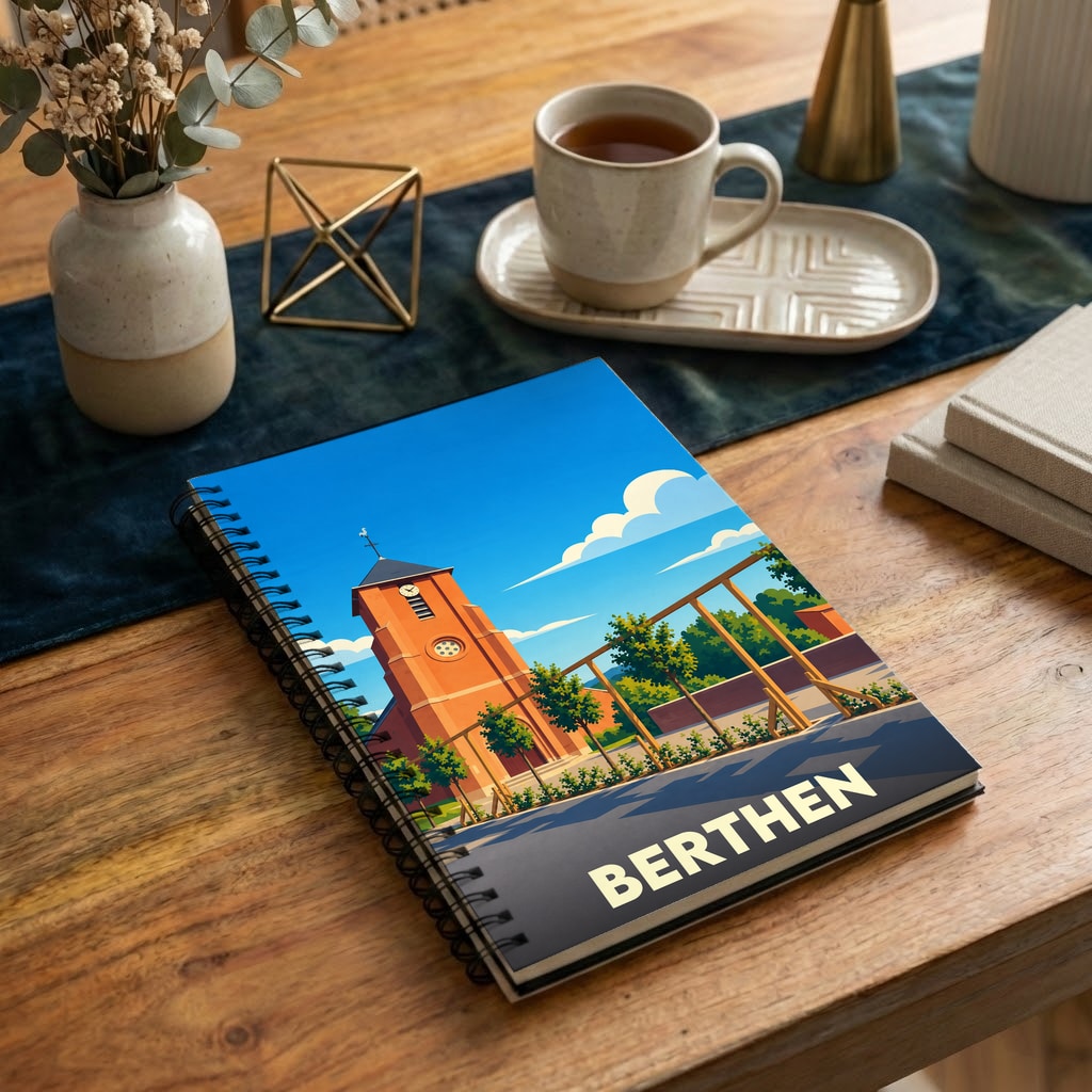 Carnet à spirales souvenir de la ville de Berthen avec une illustration stylisée de son église.