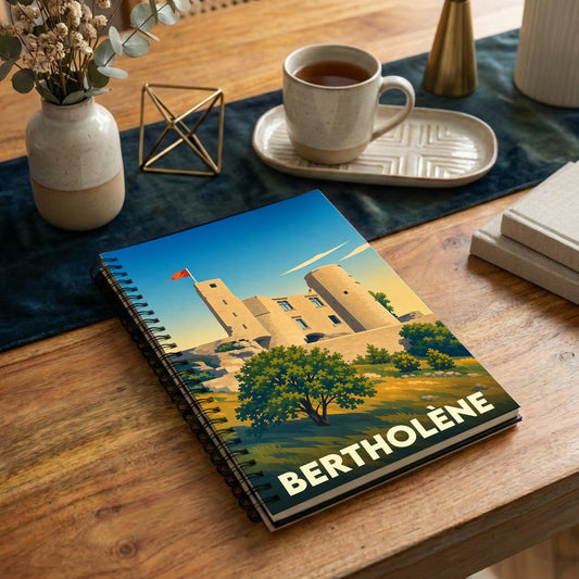 Carnet souvenir de la ville de Bertholène avec une illustration stylisée de son château.
