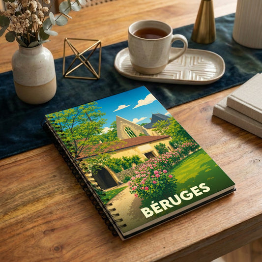 Carnet à spirales souvenir de la ville de Béruges avec une illustration stylisée de son patrimoine.