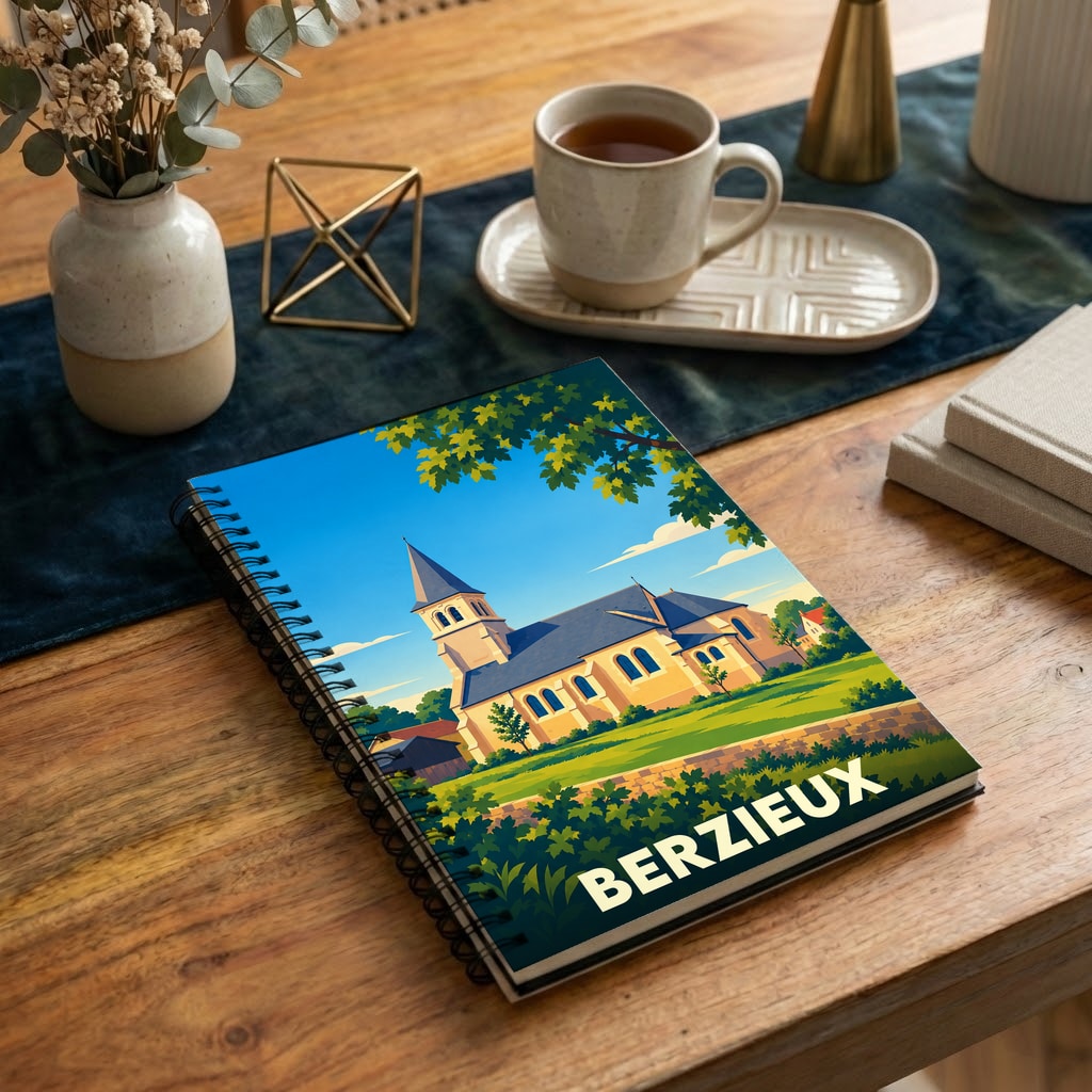 Carnet à spirale souvenir de la ville de Berzieux avec une illustration stylisée de son église.